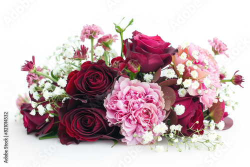 Small bouquet with red and pink flowers on white background