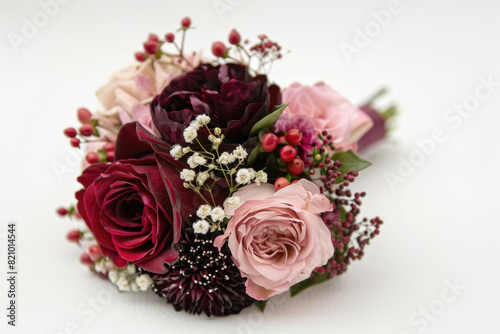 Small bouquet with red and pink flowers on white background