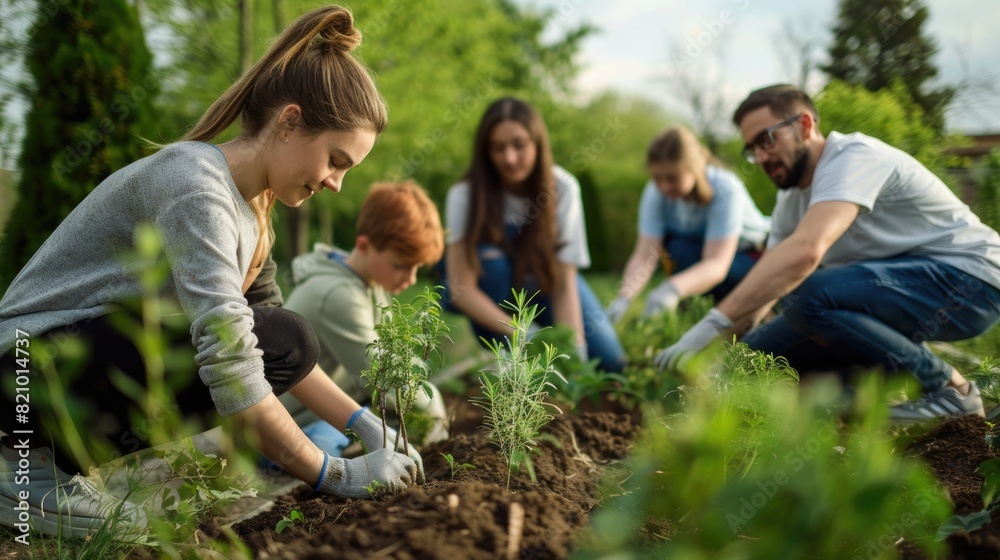 Group of people planting herbs in a garden. Outdoor gardening activity. Group of people planting herbs in a garden. Outdoor gardening activity.