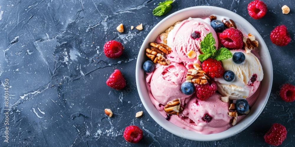 Bowl of assorted ice cream scoops with berries, nuts, and mint leaves . National Ice Cream Day Bowl of assorted ice cream scoops with berries, nuts, and mint leaves . National Ice Cream Day