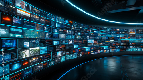 A large screen with many different images on it. Scene is bright and energetic