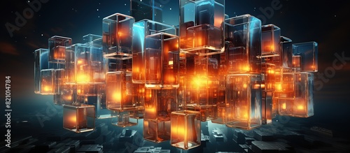 Glowing glass cubes on dark background.