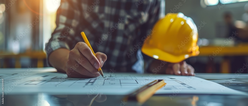 Close up hand of Architect working in office with blueprints, engineer thinking and planning inspection in workplace for architectural plan Close up hand of Architect working in office with blueprints, engineer thinking and planning inspection in workplace for architectural plan