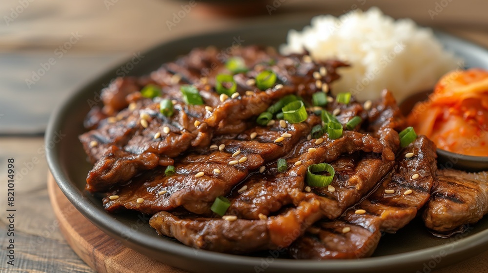 Close-Up of Traditional Korean Bulgogi with Side Dishes on Rustic Wooden Table Close-Up of Traditional Korean Bulgogi with Side Dishes on Rustic Wooden Table