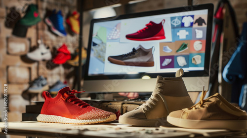 Award Winning Advertisement Virtual Sneaker Customization Capture a digital workshop where customers can design their own sneakers online, choosing colors, materials, and patterns photo