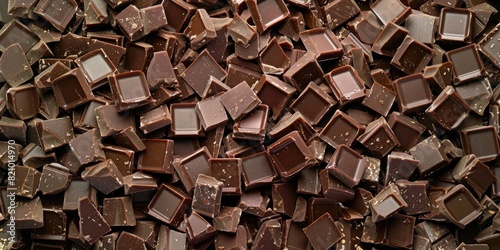 Pile of broken dark chocolate pieces. World Chocolate Day