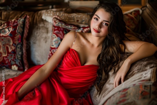 A woman in a red dress is sitting on a couch