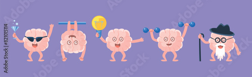 Humanized Brain Character with Various Action Vector Set