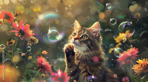 Chubby cat playing with bubbles outdoors, surrounded by flowers.