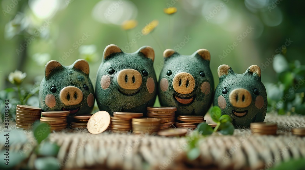 smiling green pigs family piggy banks beside a stack of gold coins plant sprouts growth from their slots isolated on green background green investment.stock photo