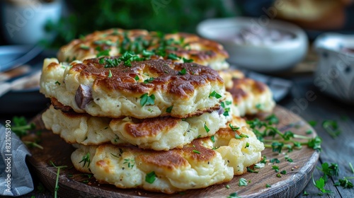 Golden Fried Potato Pancakes on Rustic Wooden Board photo