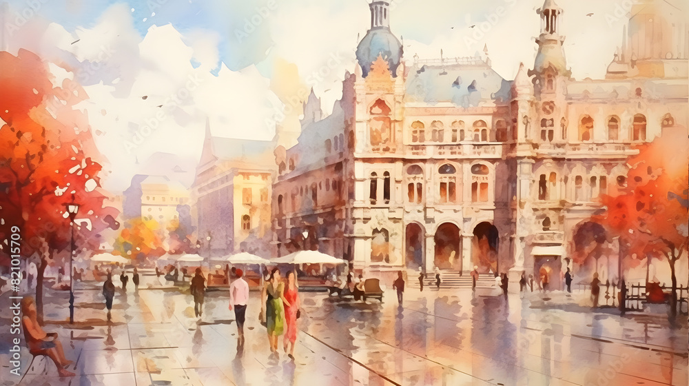 Fototapeta premium Public squares watercolor