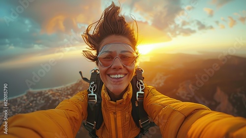 grandmother taking a selfie while skydiving doing free fall and flying in the sky active senior lifestyle concept sunset of life in colors.stock image photo