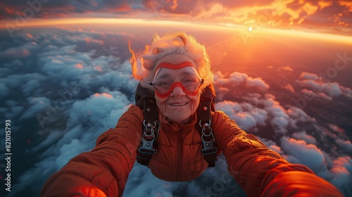 grandmother taking a selfie while skydiving doing free fall and flying in the sky active senior lifestyle concept sunset of life in colors.stock photo photo