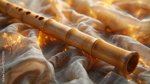 Bamboo flute on a decorative fabric with warm lighting.