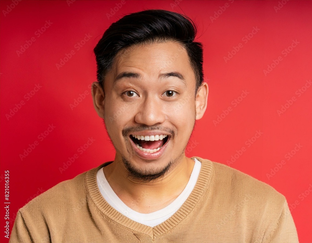A men with 35 years old looking at the camera with excited facial expression in front of the red background A men with 35 years old looking at the camera with excited facial expression in front of the red background