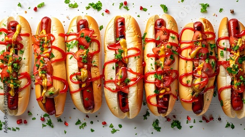 Hot dogs with vegetables and ketchup on a white background, in a flat lay banner style for a hot dog festival concept. 