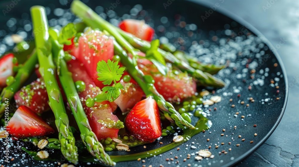 Flat lay composition of fresh spring vegetables and strawberries on dark textured background Flat lay composition of fresh spring vegetables and strawberries on dark textured background