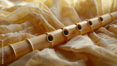 Bamboo flute on beige fabric with folds and soft light.