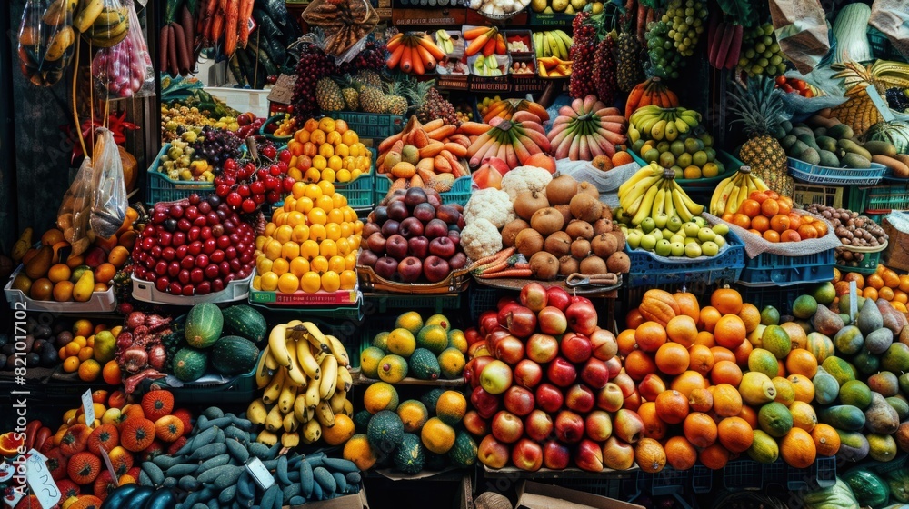 Vibrant Fruit Stand Display with a Variety of Fresh Produce