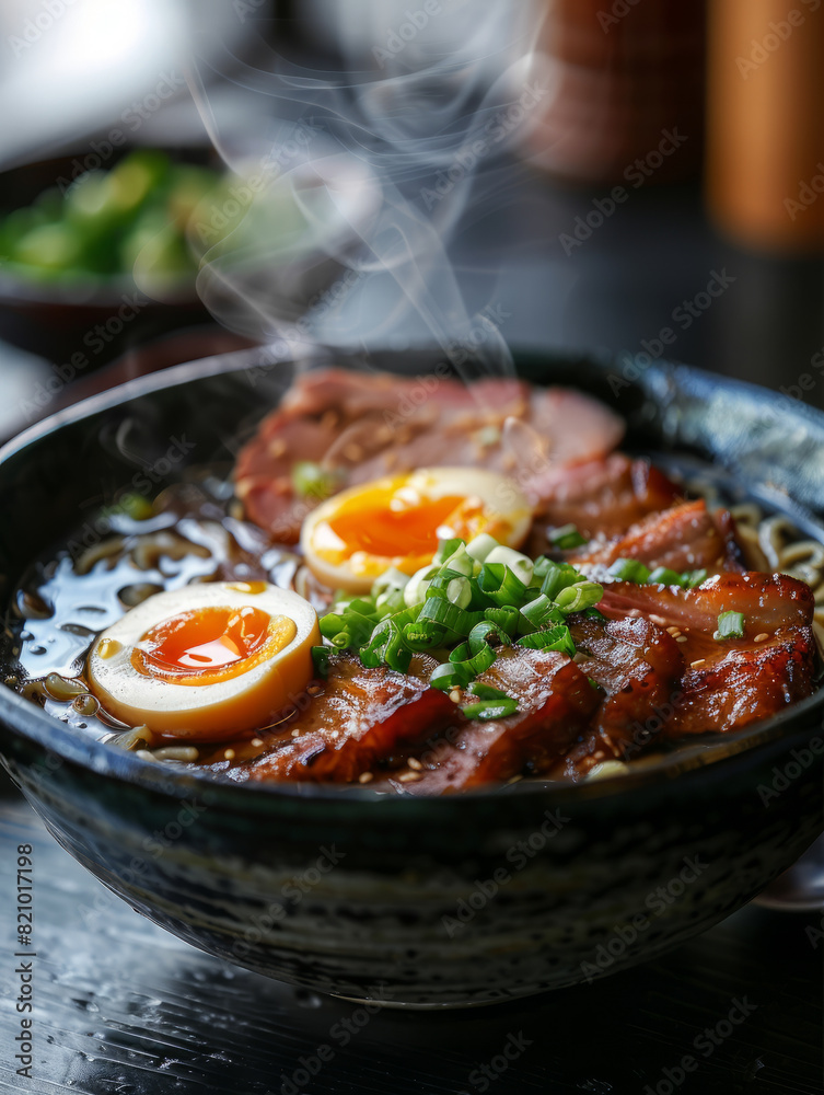 A bowl of steaming ramen with pork, eggs, and green onions.