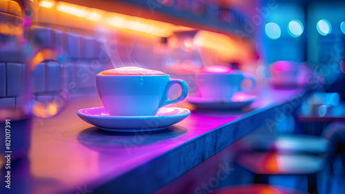 Steaming coffee cups on a neon-lit cafe countertop