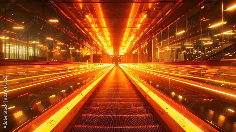 A long moving walkway in an airport terminal with orange and yellow lights .
A long moving walkway in an airport terminal with orange and yellow lights .