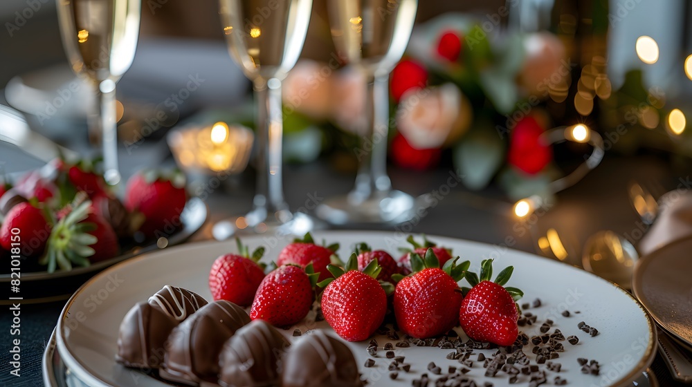 Chocolate-covered strawberries on romantic setting , champagne, and roses, luxurious and intimate vibe Chocolate-covered strawberries on romantic setting , champagne, and roses, luxurious and intimate vibe