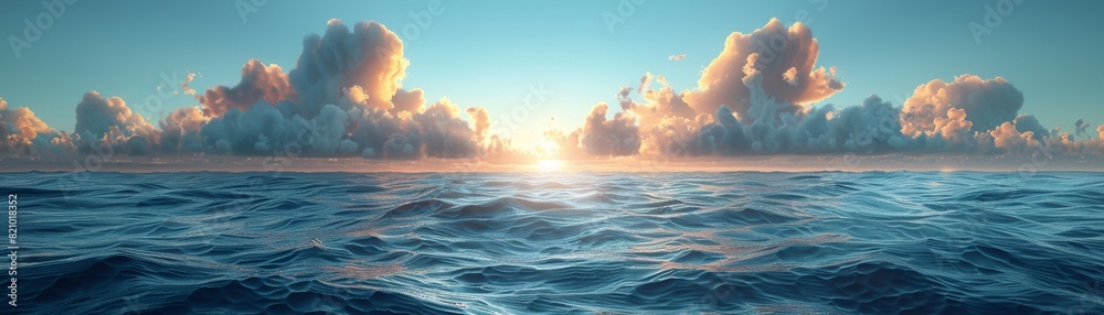 Obraz premium Create a 3D Blender scene with a wide-angle view of the sea, using a minimalist design. Ensure there is space for text.