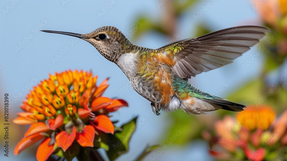 Fototapeta premium Award Winning National Geographic rule of thirds, photograph of a colorful hummingbird hovering near a bright flower, minimalist, plain sky blue background, ultra realistic photo,