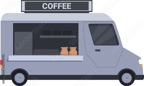 Flat design of a modern coffee food truck with serving window and coffee cups