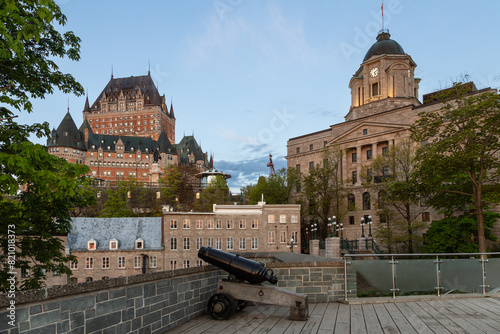 Dawn view from the Montmorency Park towards the Old Post Office building towering over the Côte de la Montagne, Quebec City, Quebec photo