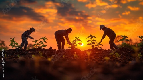 Reverse silhouette of a group of entrepreneurs planting seeds that grow into a thriving business ecosystem