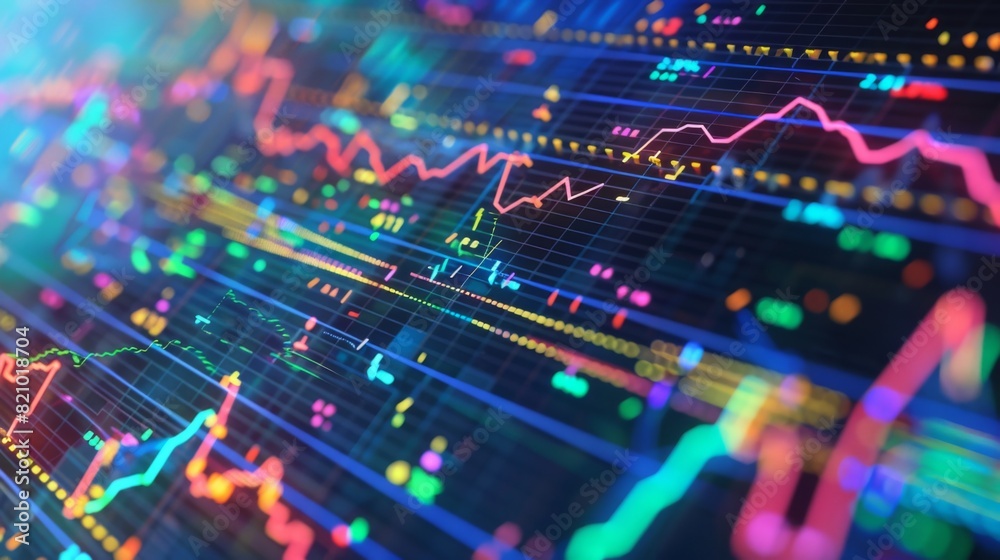 Fototapeta premium Close-up of a financial chart on a computer screen with colorful lines and data points.