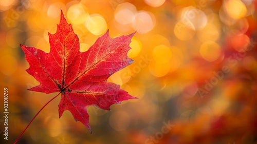 Single red maple leaf with blurred golden autumn background
