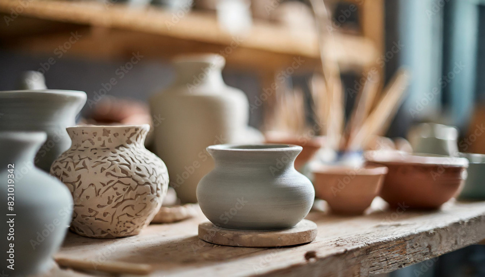 ceramic piece with various blurred ceramics in the background on a shelf, highlighting intricate textures and craftsmanship in a pottery studio ceramic piece with various blurred ceramics in the background on a shelf, highlighting intricate textures and craftsmanship in a pottery studio