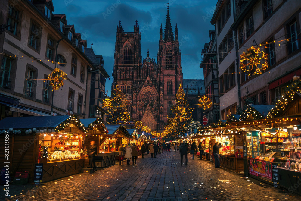 Strasbourg Cathedral adorned with festive Christmas decorations and lights