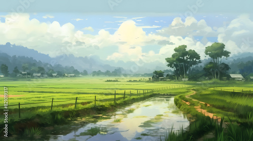 Rice fields watercolor