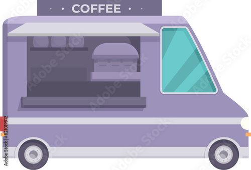 Colorful digital illustration of a purple coffee truck with a sign, ideal for foodrelated content