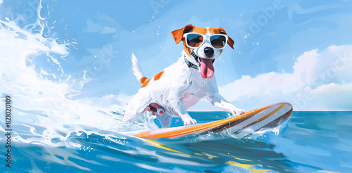 A Jack Russell terrier dog riding an orange surfboard on the sea waves wearing sunglasses. Active leisure. Illustration. Banner with copy space © Irina