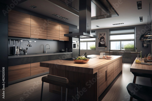 Stylish interior of kitchen in modern house in Fusion style.