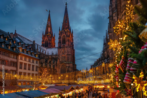 Strasbourg Cathedral adorned with festive Christmas decorations and lights © Veniamin Kraskov