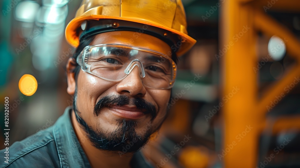 Portrait of a smiling worker with safety glasses and helmet in a factory.
Portrait of a smiling worker with safety glasses and helmet in a factory.