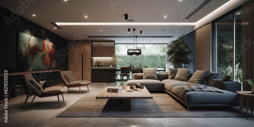 Interior of living room in modern house in Fusion style.