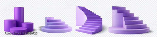3D Purple Podium and Staircase Set on Transparent Background - Modern Geometric Display Platforms for Product Presentation and Showcases. Elegant futuristic design scene with a stand at top for award. photo
