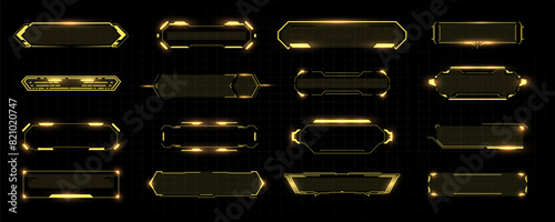 Futuristic HUD Interface Elements - Neon Yellow Glowing Frames on Black Background. Digital Sci-Fi Panels for UI Design in Vector illustration