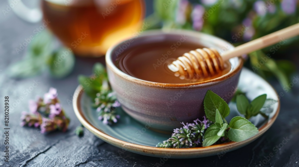 Close-up of a tea cup with honey dipper and fresh herbs on the side. Close-up of a tea cup with honey dipper and fresh herbs on the side.
