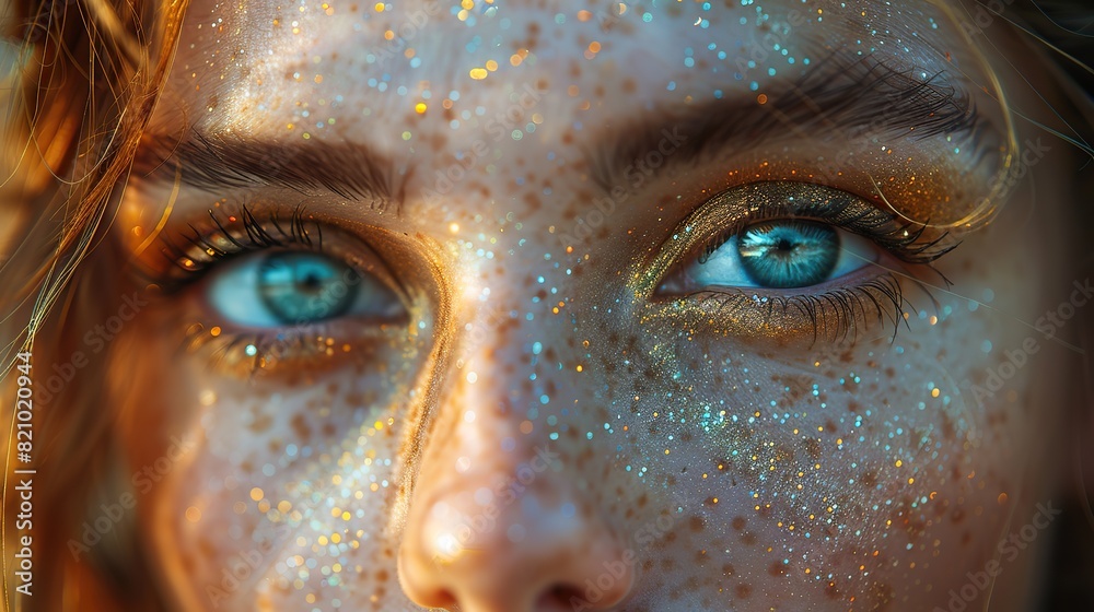 close up focus on the eye of a young woman looking straight ahead in glittering lights effect having a clairvoyant vision a mystical emotion a spiritual feeling.illustration close up focus on the eye of a young woman looking straight ahead in glittering lights effect having a clairvoyant vision a mystical emotion a spiritual feeling.illustration