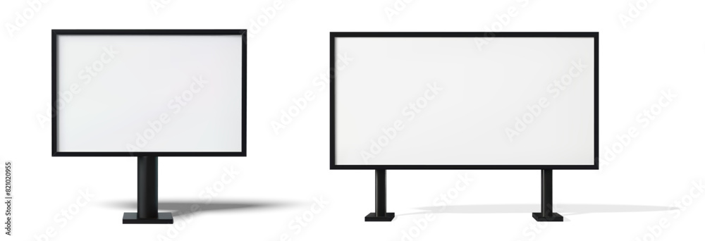 Two blank billboards with black frames on stands, ready for advertising or information display. Ideal for presentations, exhibitions, and promotional content in public spaces. Vector Mockup Set Two blank billboards with black frames on stands, ready for advertising or information display. Ideal for presentations, exhibitions, and promotional content in public spaces. Vector Mockup Set