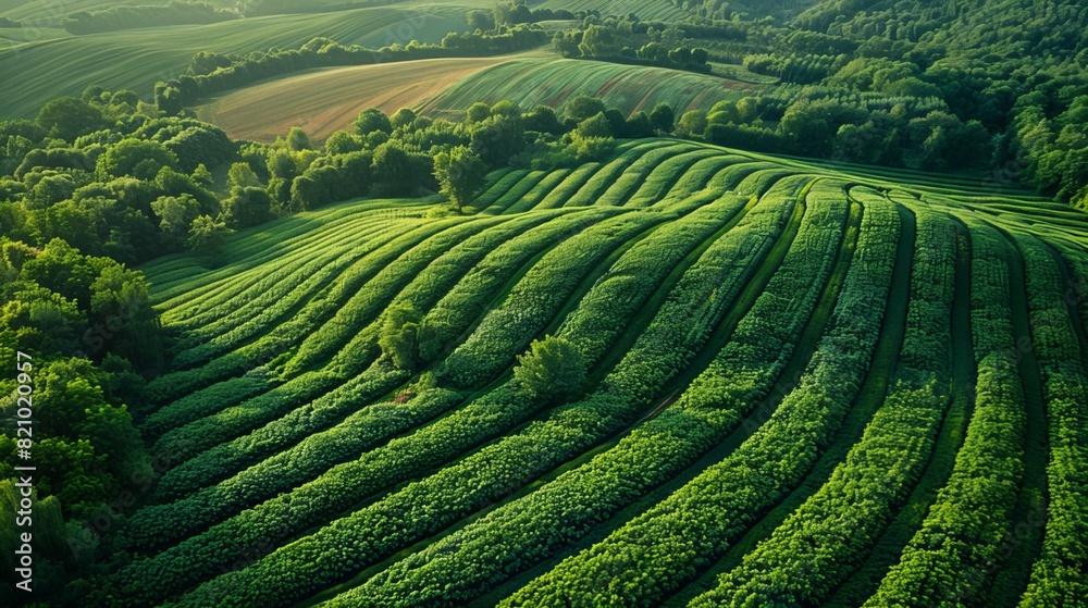 An aerial view of rolling green fields with meticulously arranged rows of crops. The landscape is interspersed with patches of forest, nature under the warm sunlight An aerial view of rolling green fields with meticulously arranged rows of crops. The landscape is interspersed with patches of forest, nature under the warm sunlight